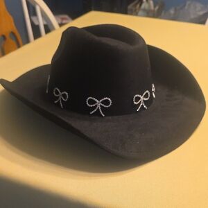 Black Women's Felt Cowboy Hat with Rhinestone Bow Accent